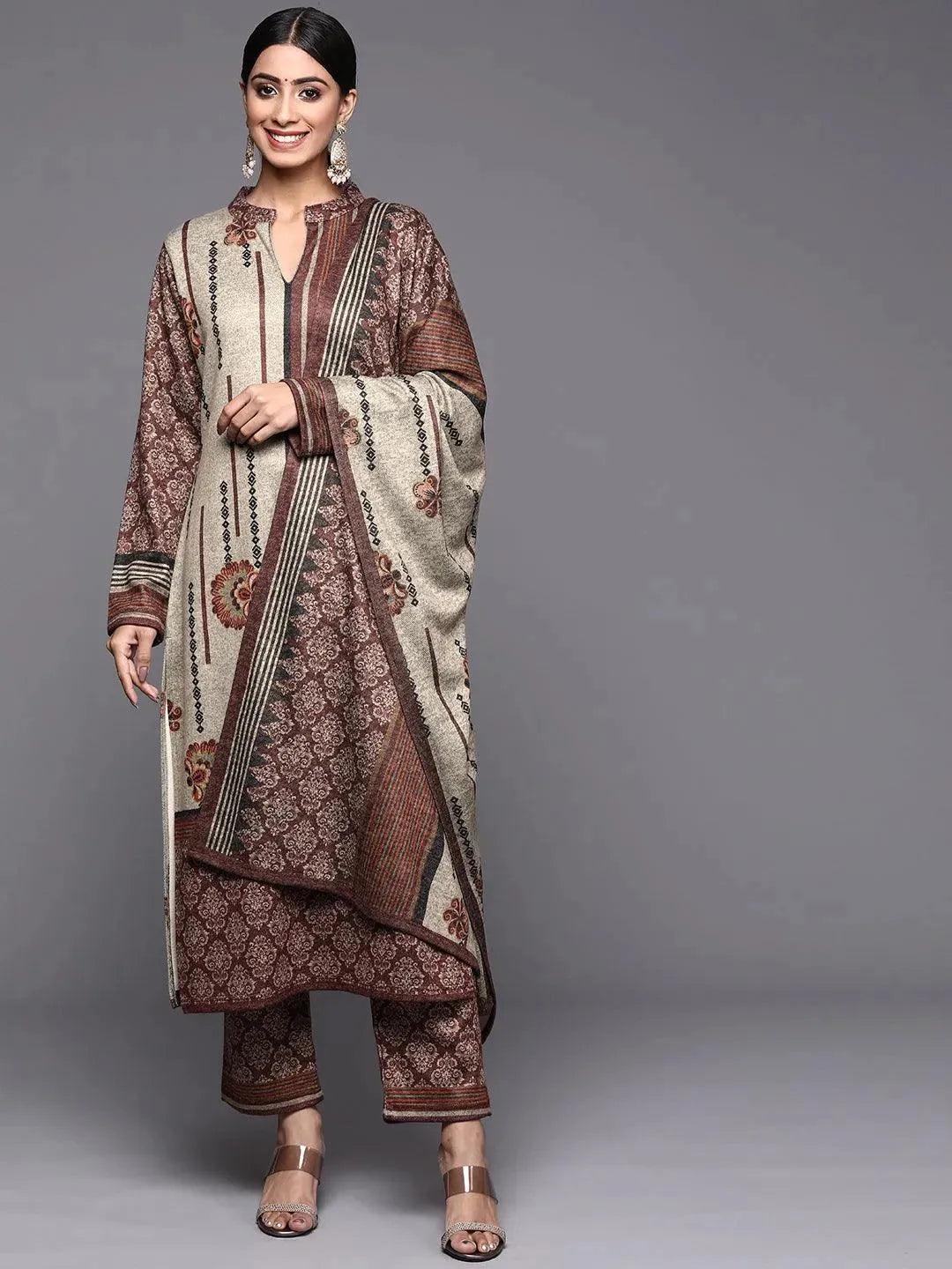 Multicoloured Printed Wool Straight Suit Set - Libas 