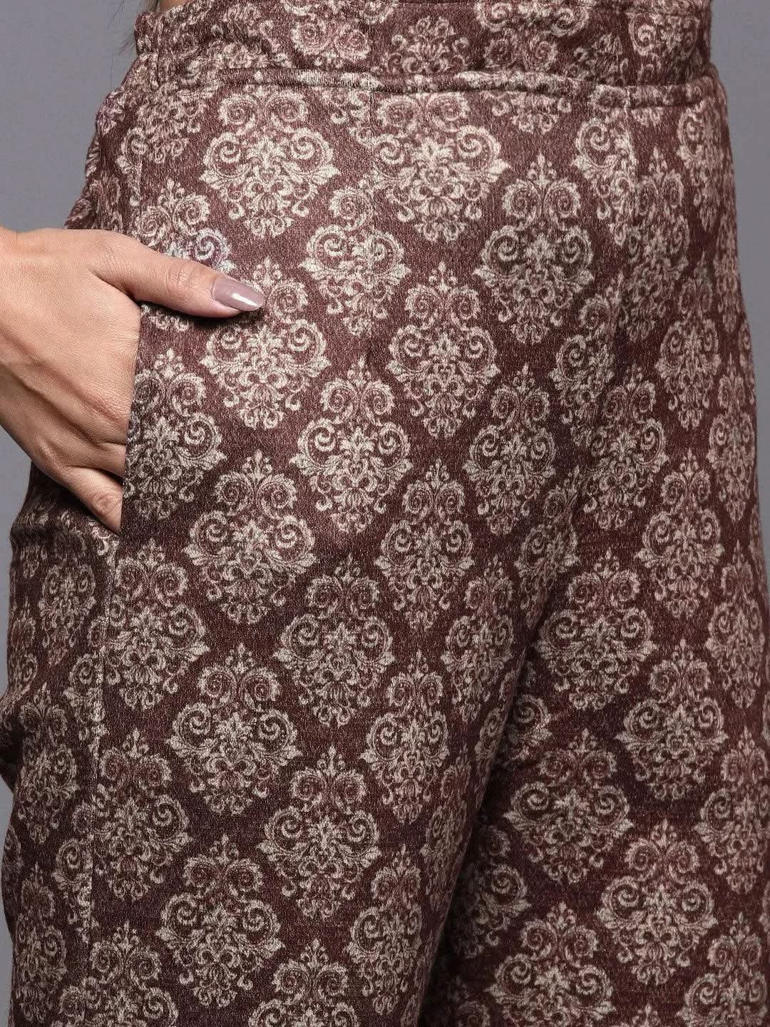

Multicoloured Printed Wool Straight Kurta With Trousers & Dupatta