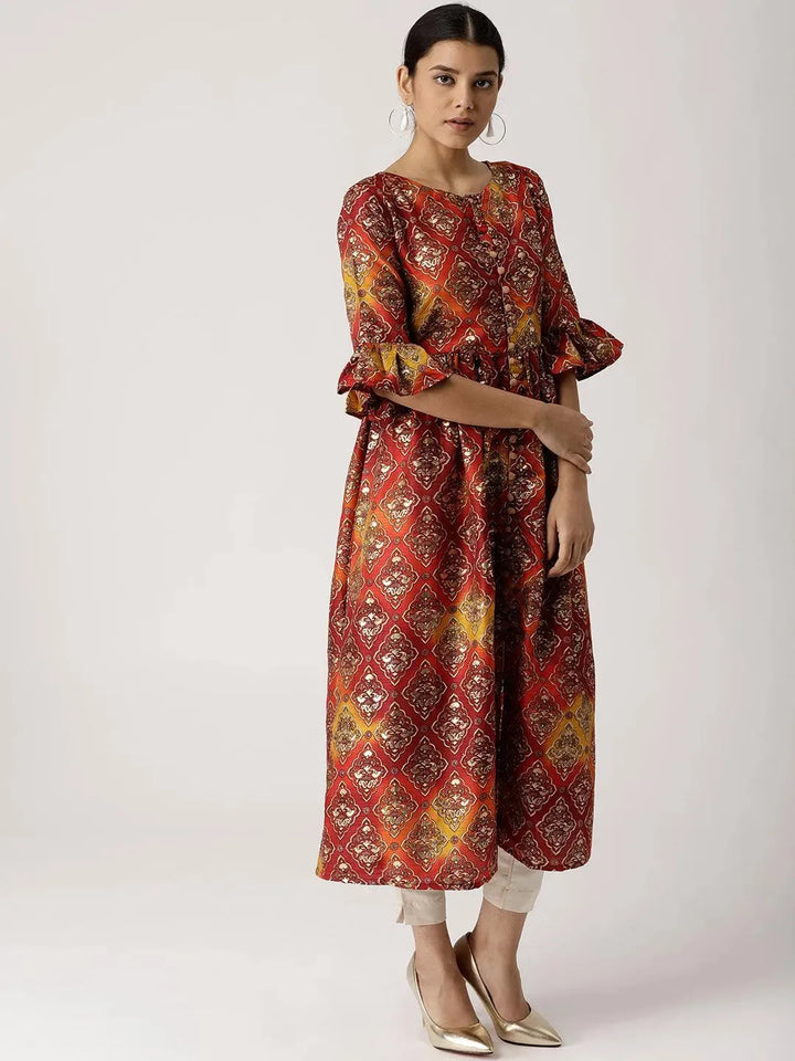 Multicoloured Self Design Chanderi Kurta - Libas