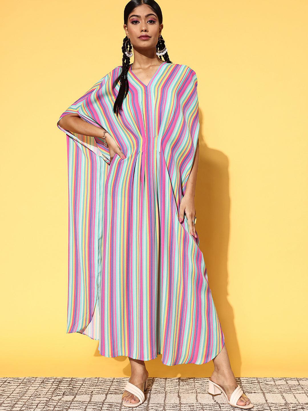 Multicoloured Striped Georgette Dress - Libas