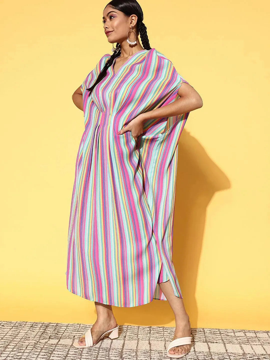 Multicoloured Striped Georgette Dress - Libas 