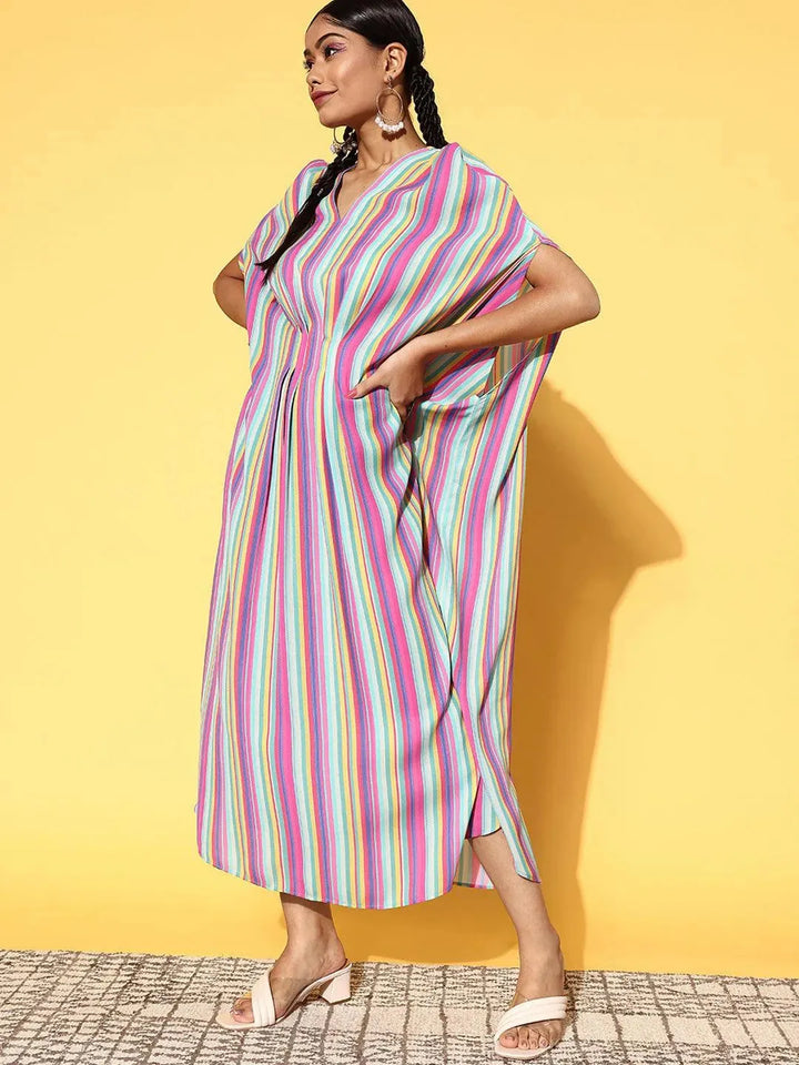 Multicoloured Striped Georgette Dress - Libas