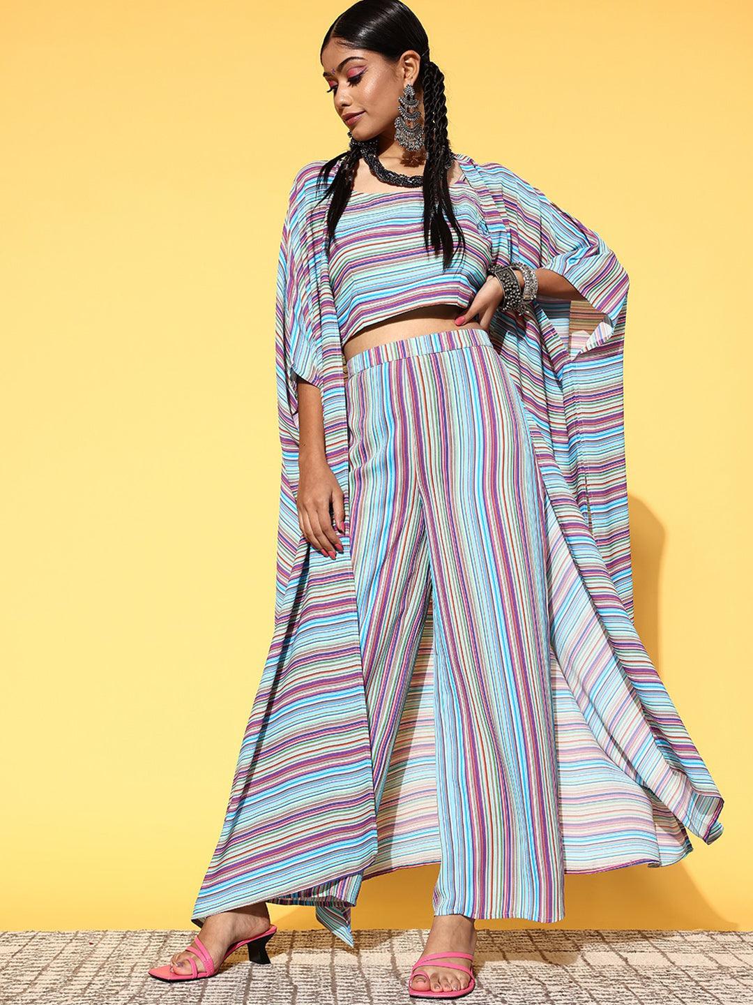 Multicoloured Striped Georgette Top With Palazzos & Shrug
