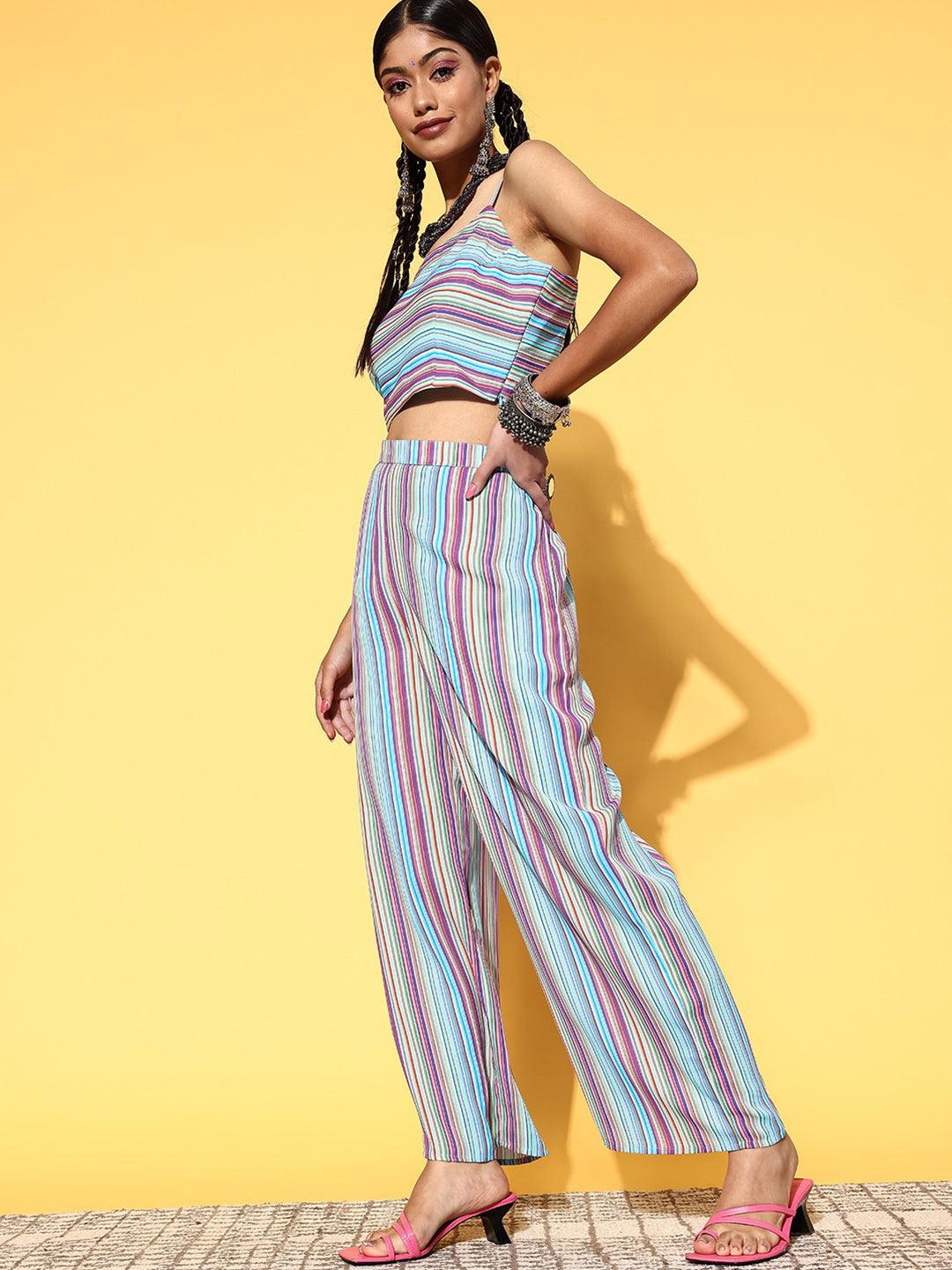 Multicoloured Striped Georgette Top With Palazzos & Shrug