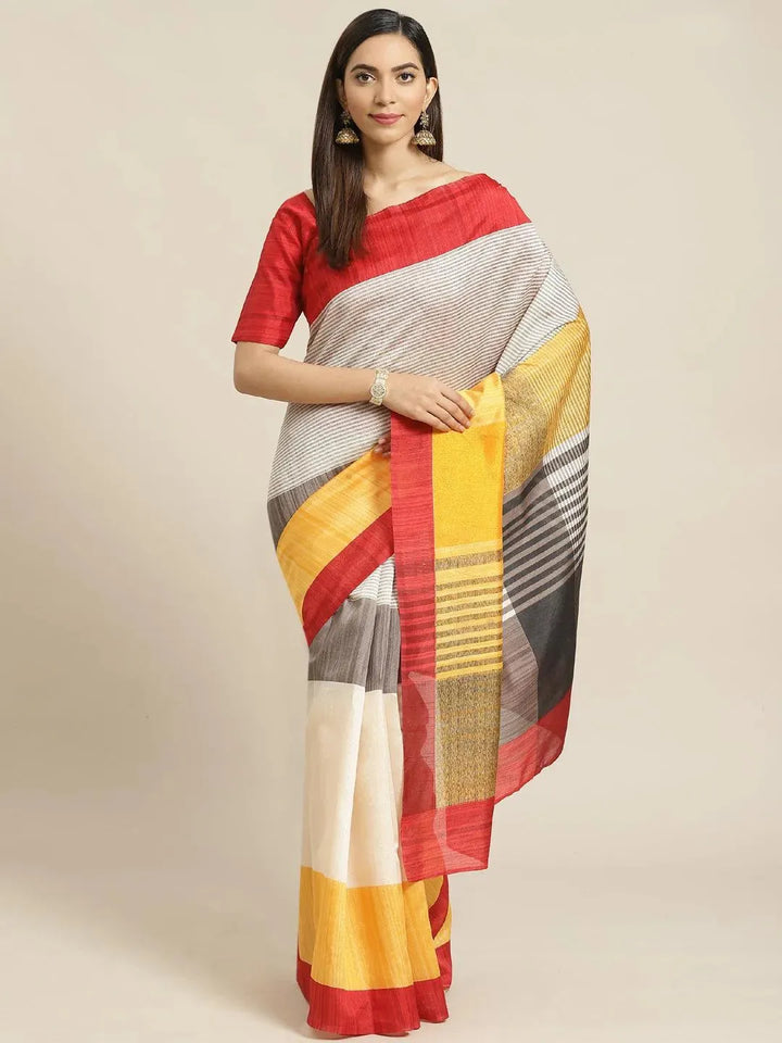 Multicoloured Striped Linen Saree - Libas