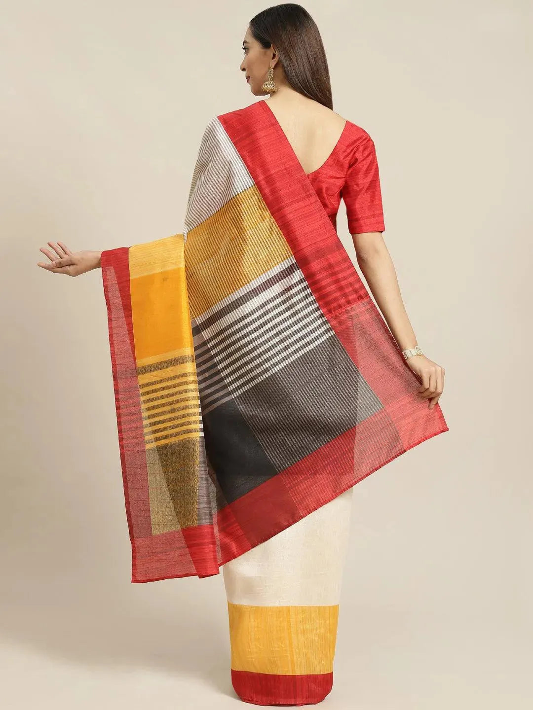 Multicoloured Striped Linen Saree - Libas 