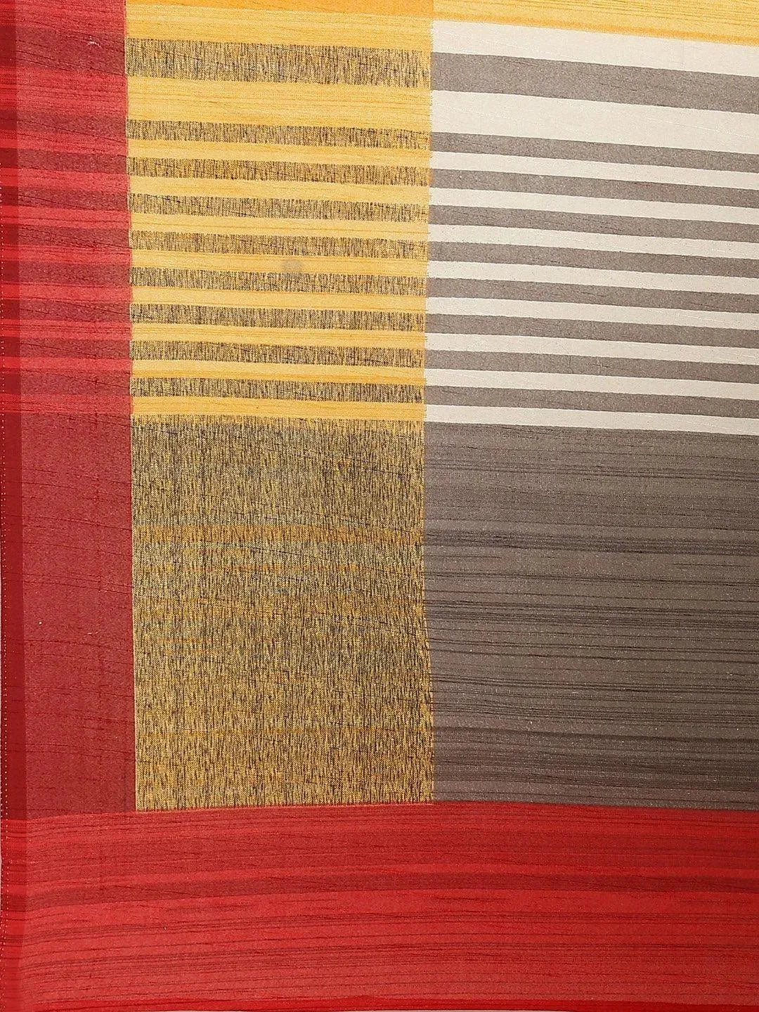 Multicoloured Striped Linen Saree - Libas 