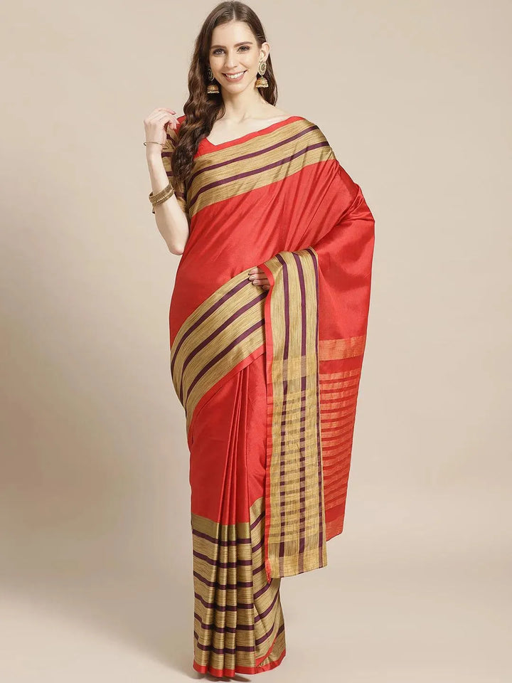 Multicoloured Striped Polyester Silk Saree - Libas