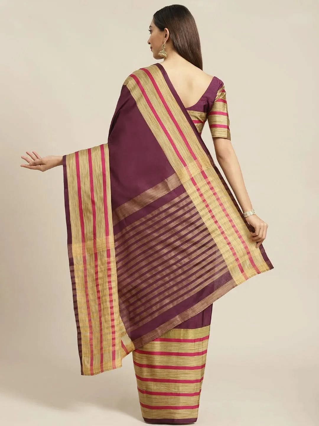 Multicoloured Striped Polyester Silk Saree - Libas 