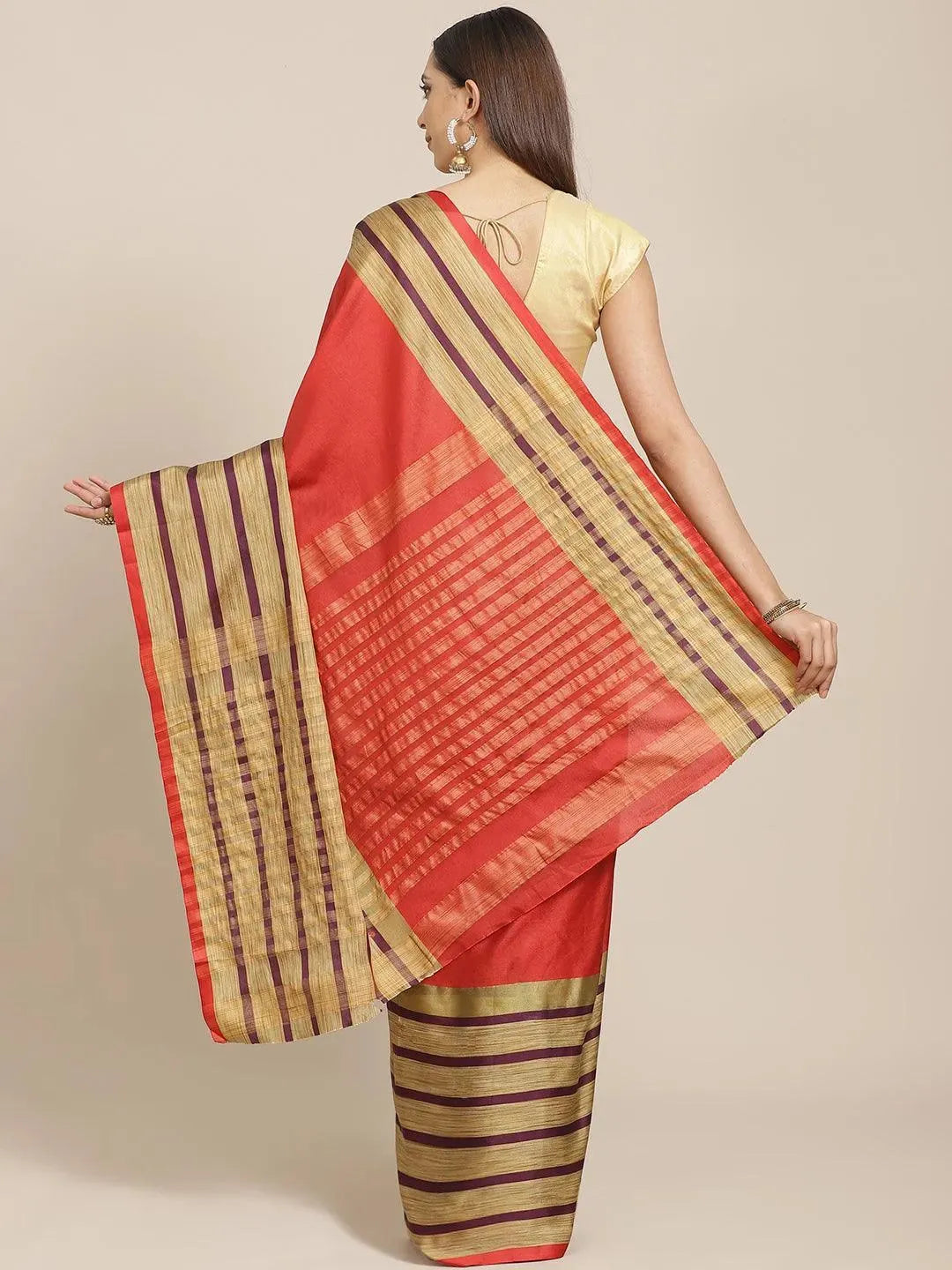 Multicoloured Striped Polyester Silk Saree - Libas 