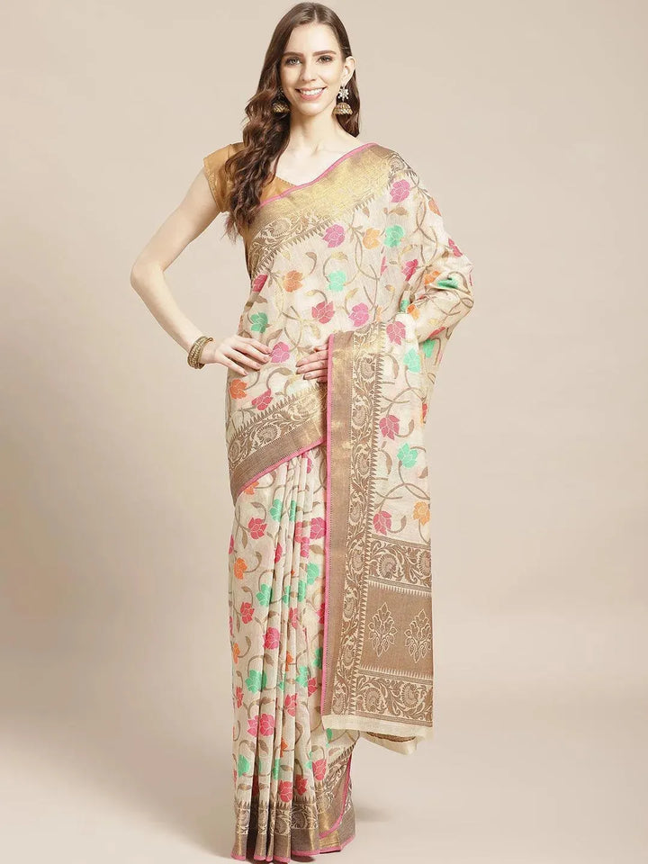 Multicoloured Woven Design Cotton Saree - Libas