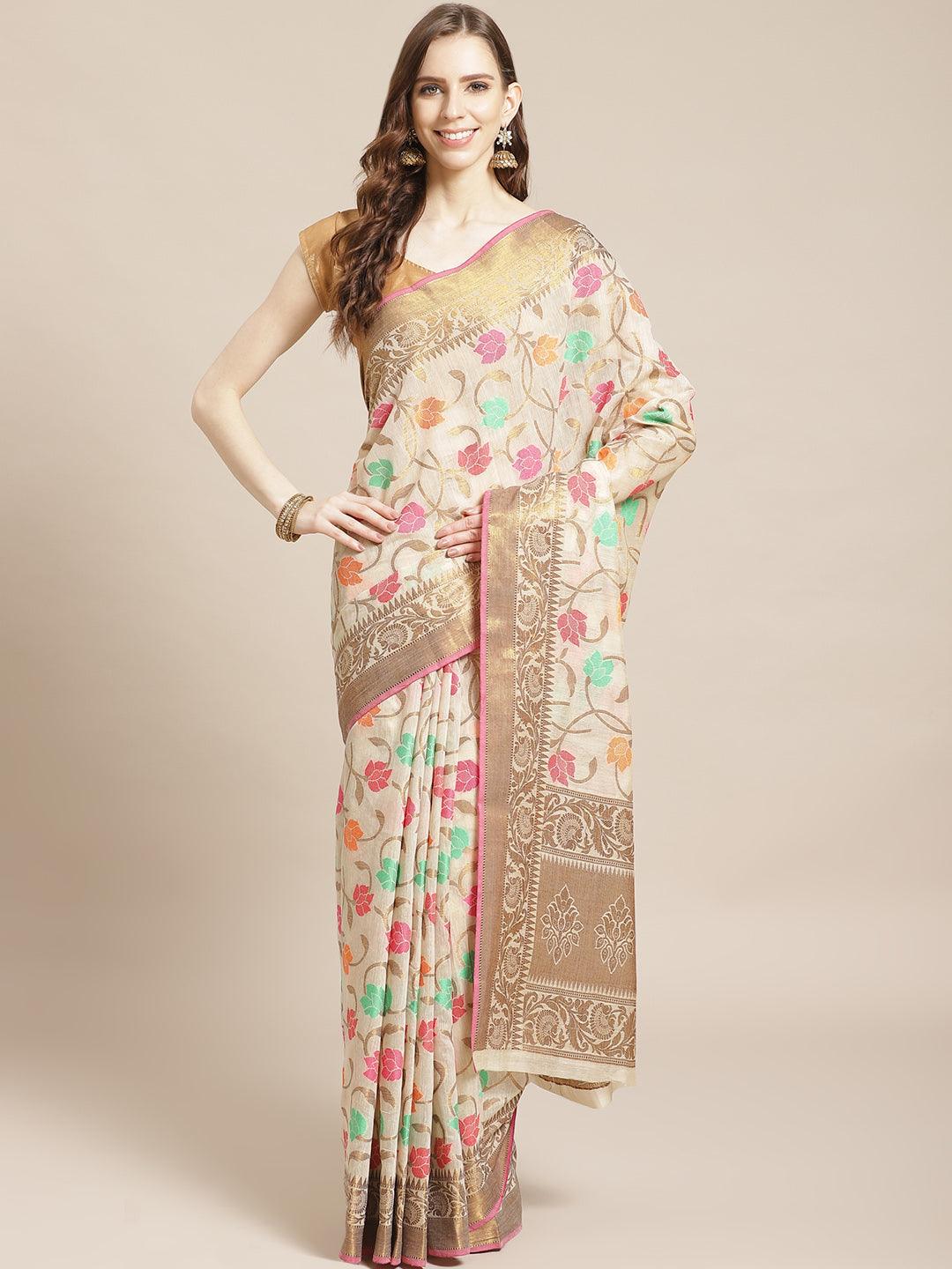 Multicoloured Woven Design Cotton Saree - Libas