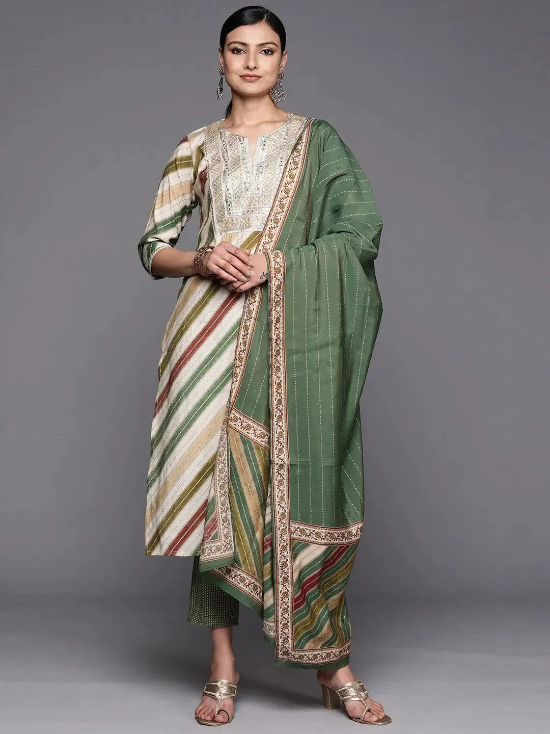 Multicoloured Yoke Design Silk Blend Straight Suit Set With Trousers - Libas 