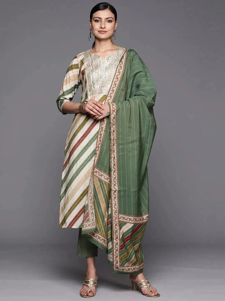 Multicoloured Yoke Design Silk Blend Straight Suit Set With Trousers - Libas