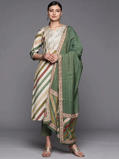 Multicoloured Yoke Design Silk Blend Straight Suit Set With Trousers - Libas