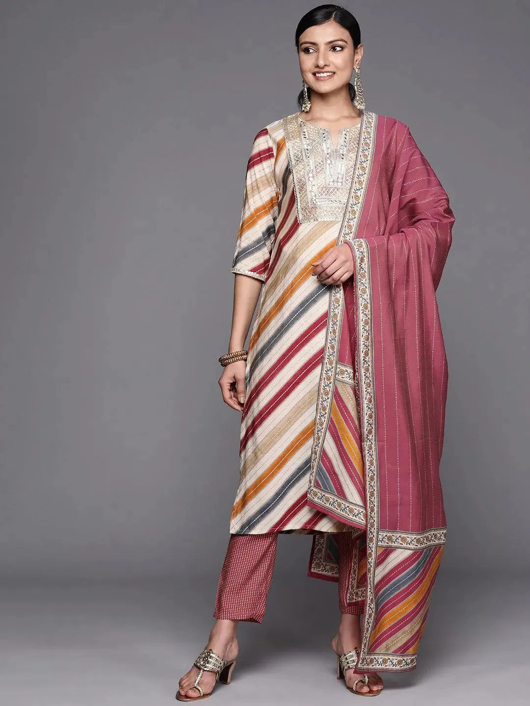 Multicoloured Yoke Design Silk Blend Straight Suit Set With Trousers - Libas