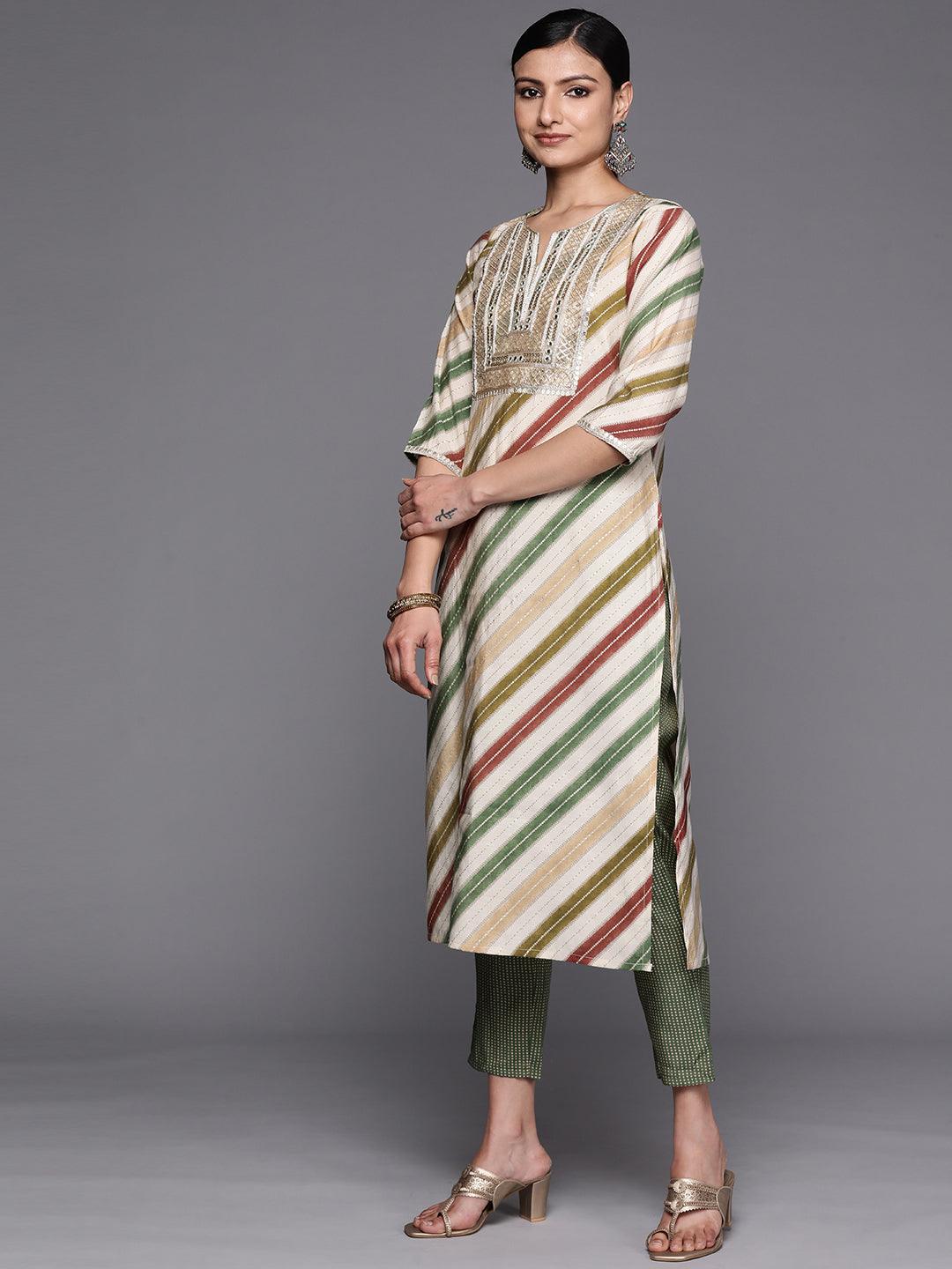 Multicoloured Yoke Design Silk Blend Straight Kurta With Trousers & Dupatta