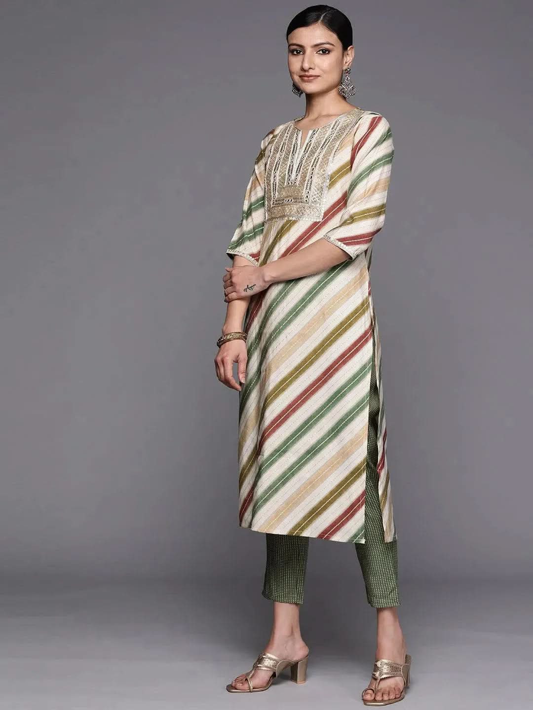

Multicoloured Yoke Design Silk Blend Straight Kurta With Trousers & Dupatta