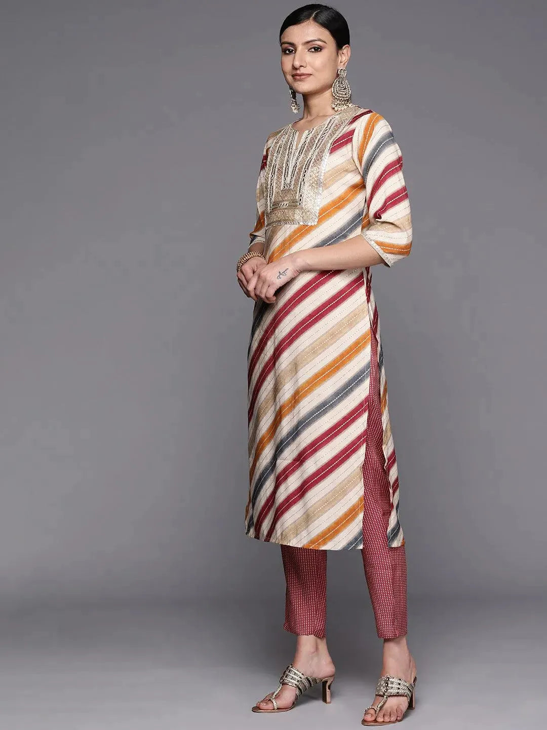 Multicoloured Yoke Design Silk Blend Straight Suit Set With Trousers - Libas 