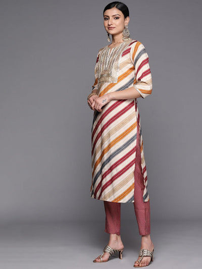 Multicoloured Yoke Design Silk Blend Straight Suit Set With Trousers - Libas