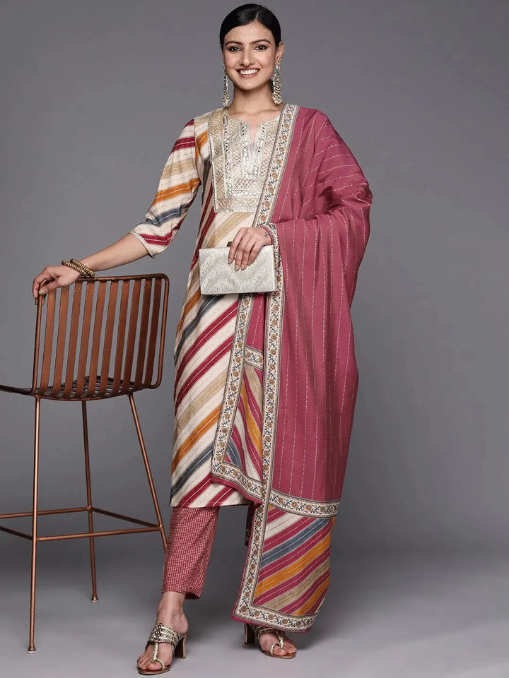 Multicoloured Yoke Design Silk Blend Straight Suit Set With Trousers - Libas