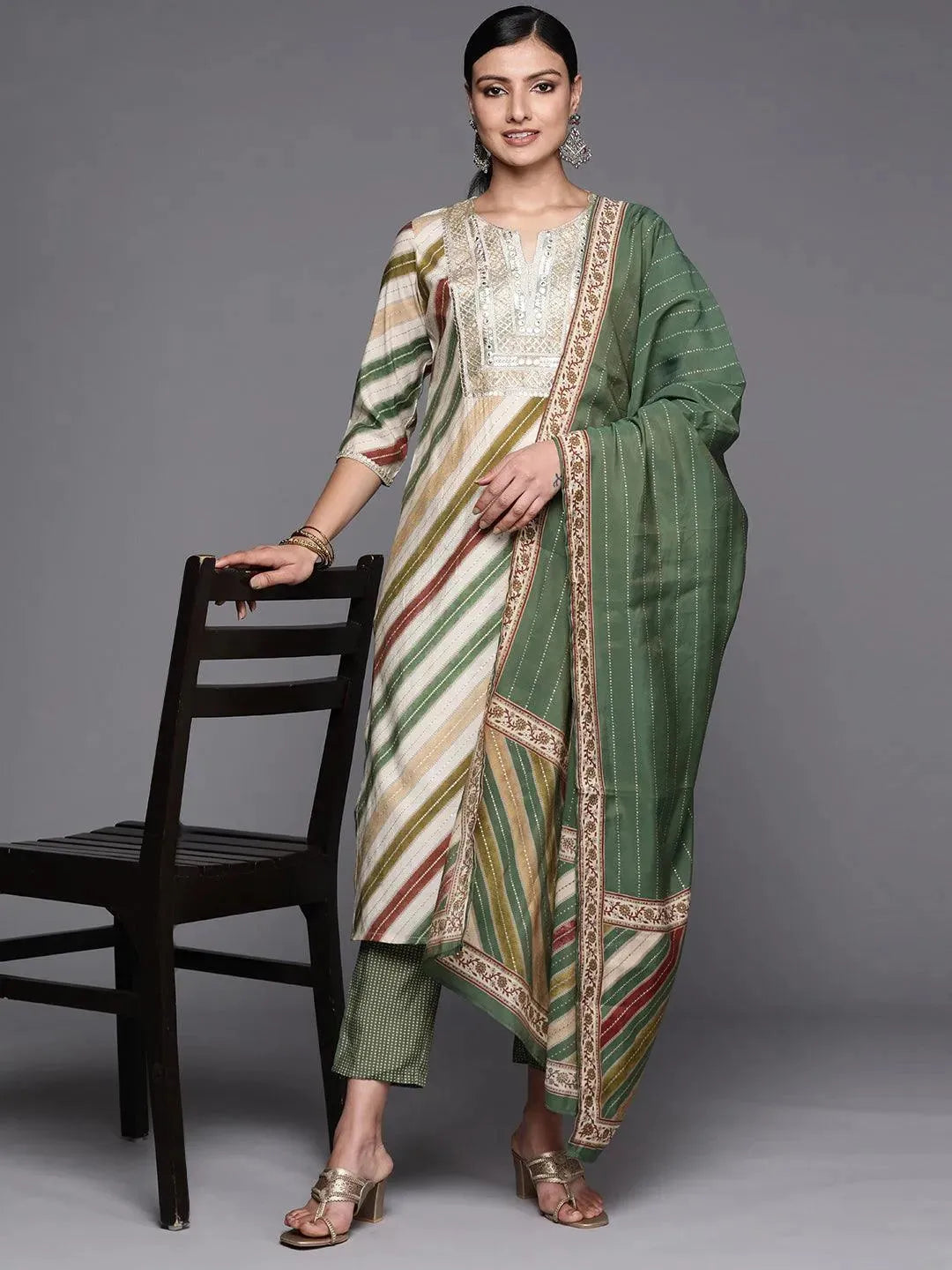 Multicoloured Yoke Design Silk Blend Straight Suit Set With Trousers - Libas