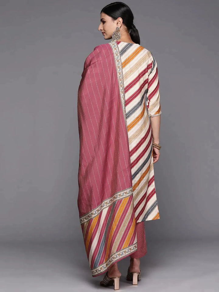 Multicoloured Yoke Design Silk Blend Straight Suit Set With Trousers - Libas