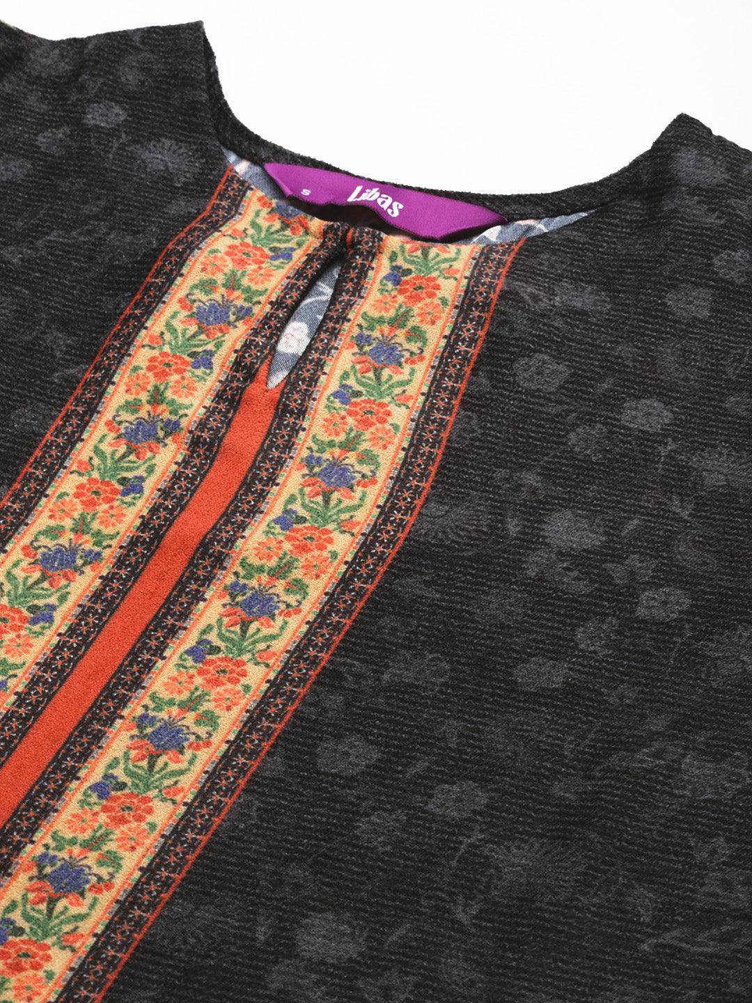 Multicoloured Yoke Design Velvet Straight Suit Set With Trousers - Libas