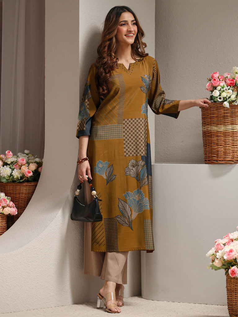 Libas Mustard Abstract Printed Silk Blend Straight Kurta
