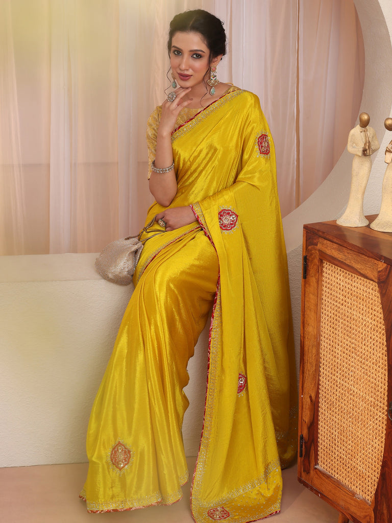 Libas Mustard Applique Embellished Chiffon Saree