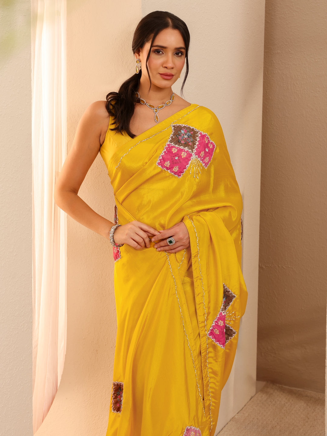  Mustard Applique Embellished Satin Saree 