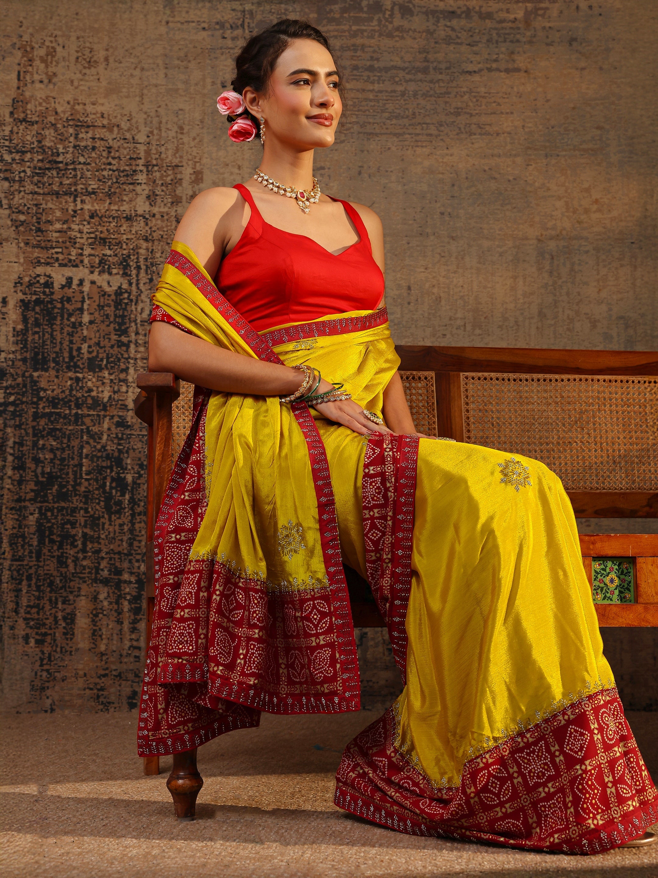 libas Mustard Bandhani Embellished Silk Blend Saree With Unstitched Blouse Piece-picture-48