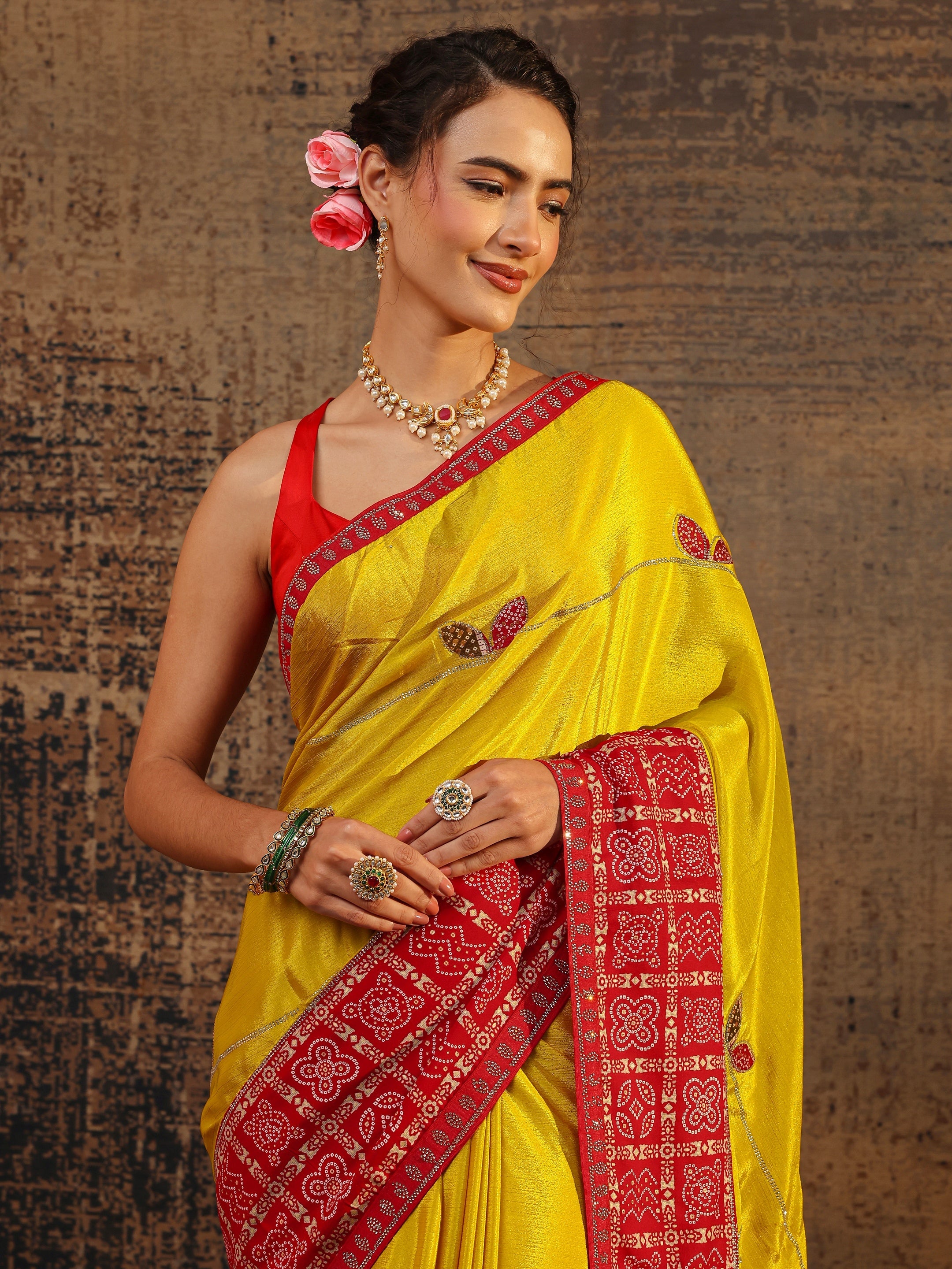 libas Mustard Bandhani Embellished Silk Blend Saree With Unstitched Blouse Piece-picture-11