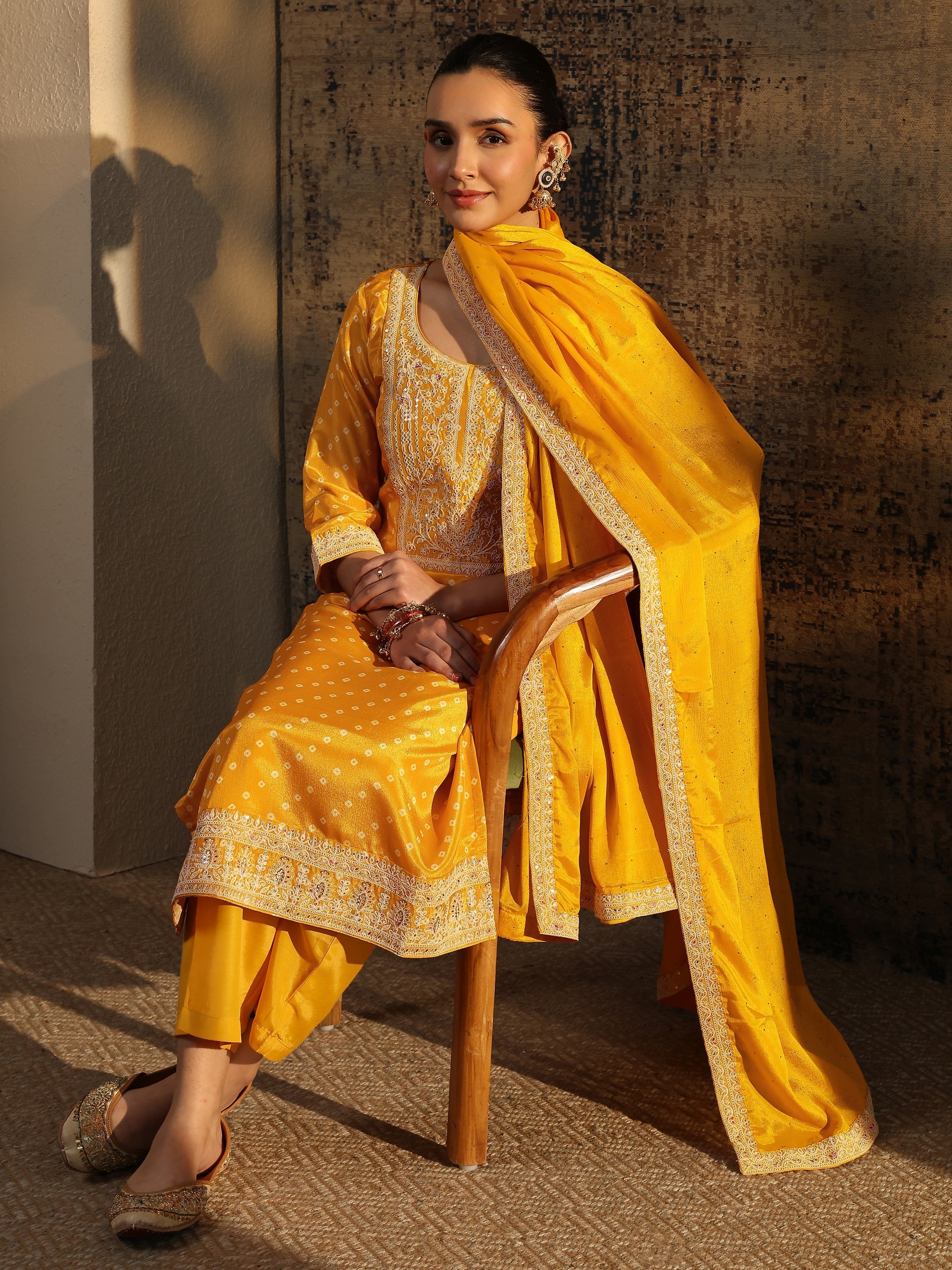 Mustard Bandhani Printed Chinon Straight Suit Set With Dupatta-image-2
