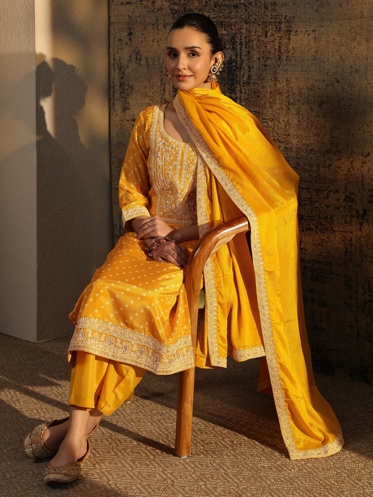 Libas Mustard Bandhani Printed Chinon Straight Suit Set With Dupatta