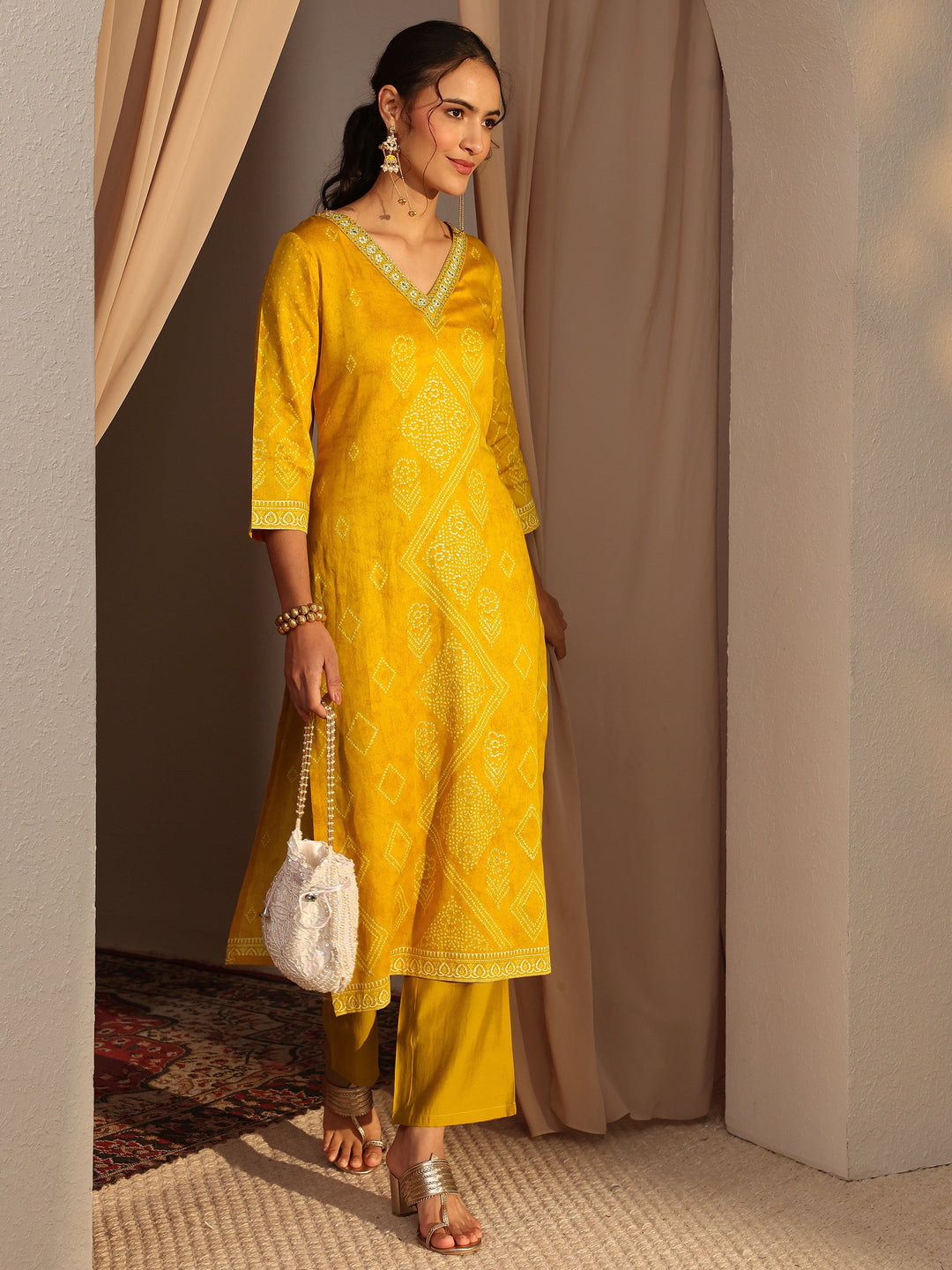  Mustard Bandhani Printed Cotton Straight Kurta 