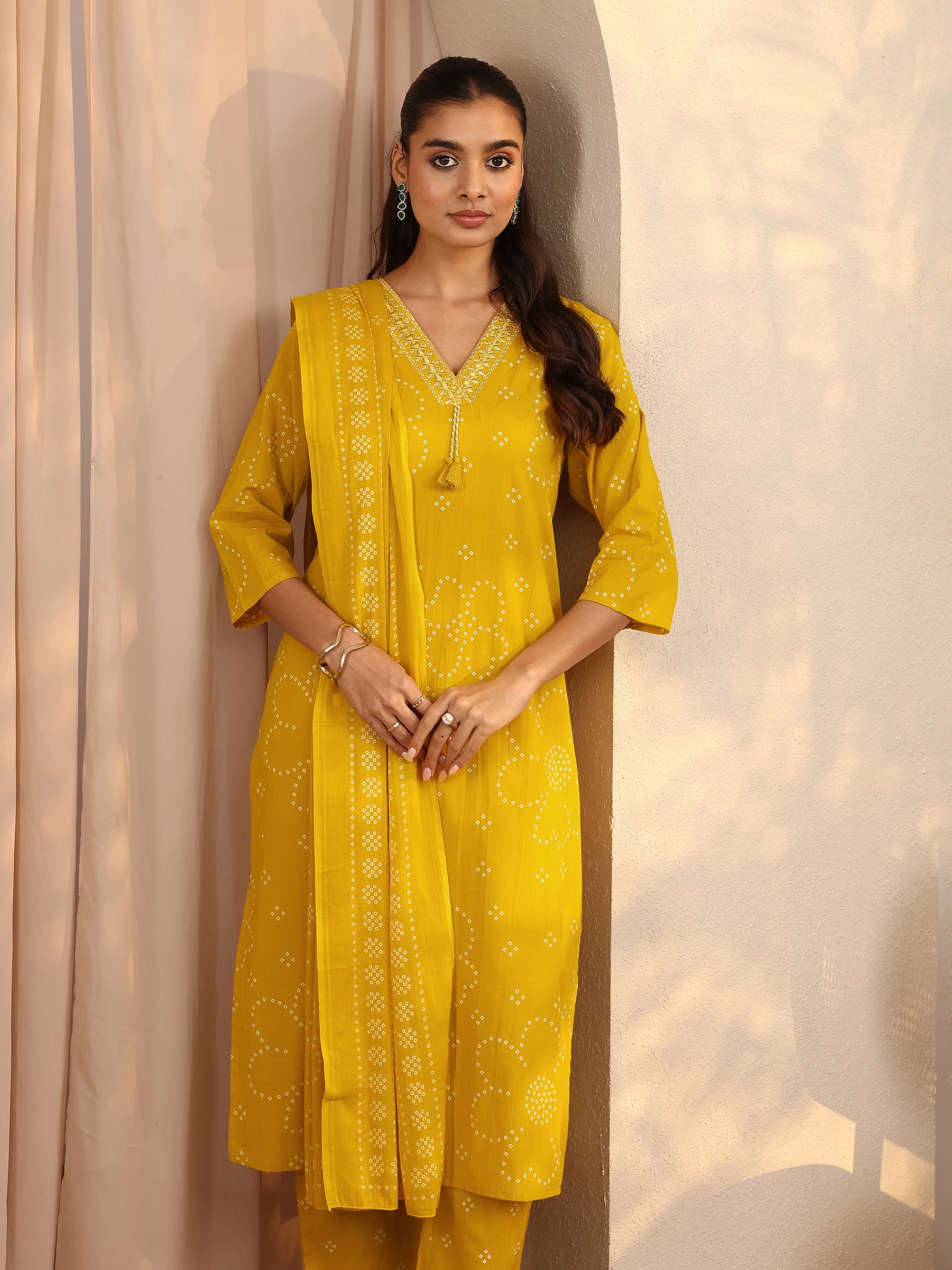 libas Mustard Bandhani Printed Cotton Suit Set With Dupatta-picture-40
