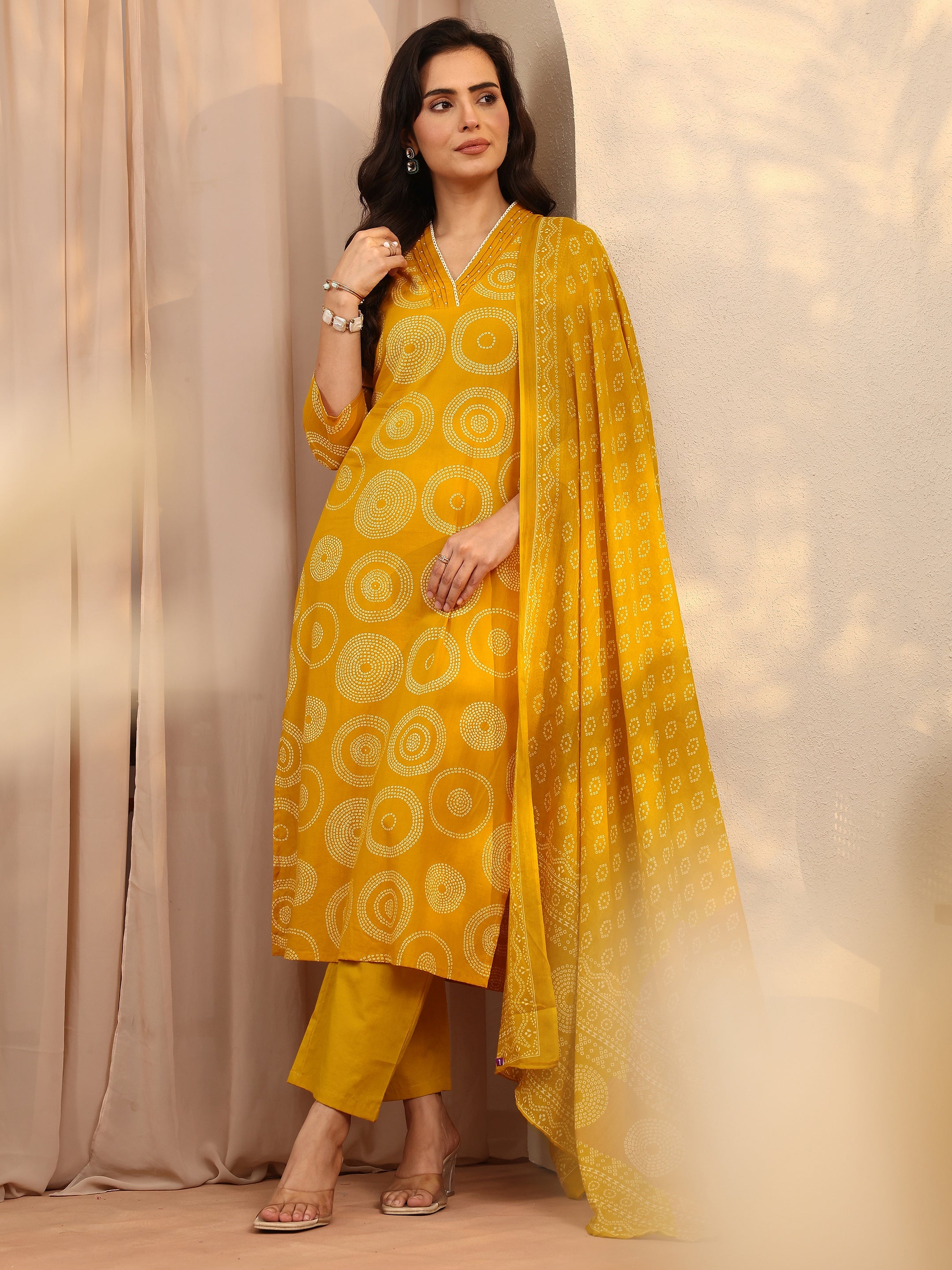 libas Mustard Bandhani Printed Cotton Suit Set With Dupatta-picture-63