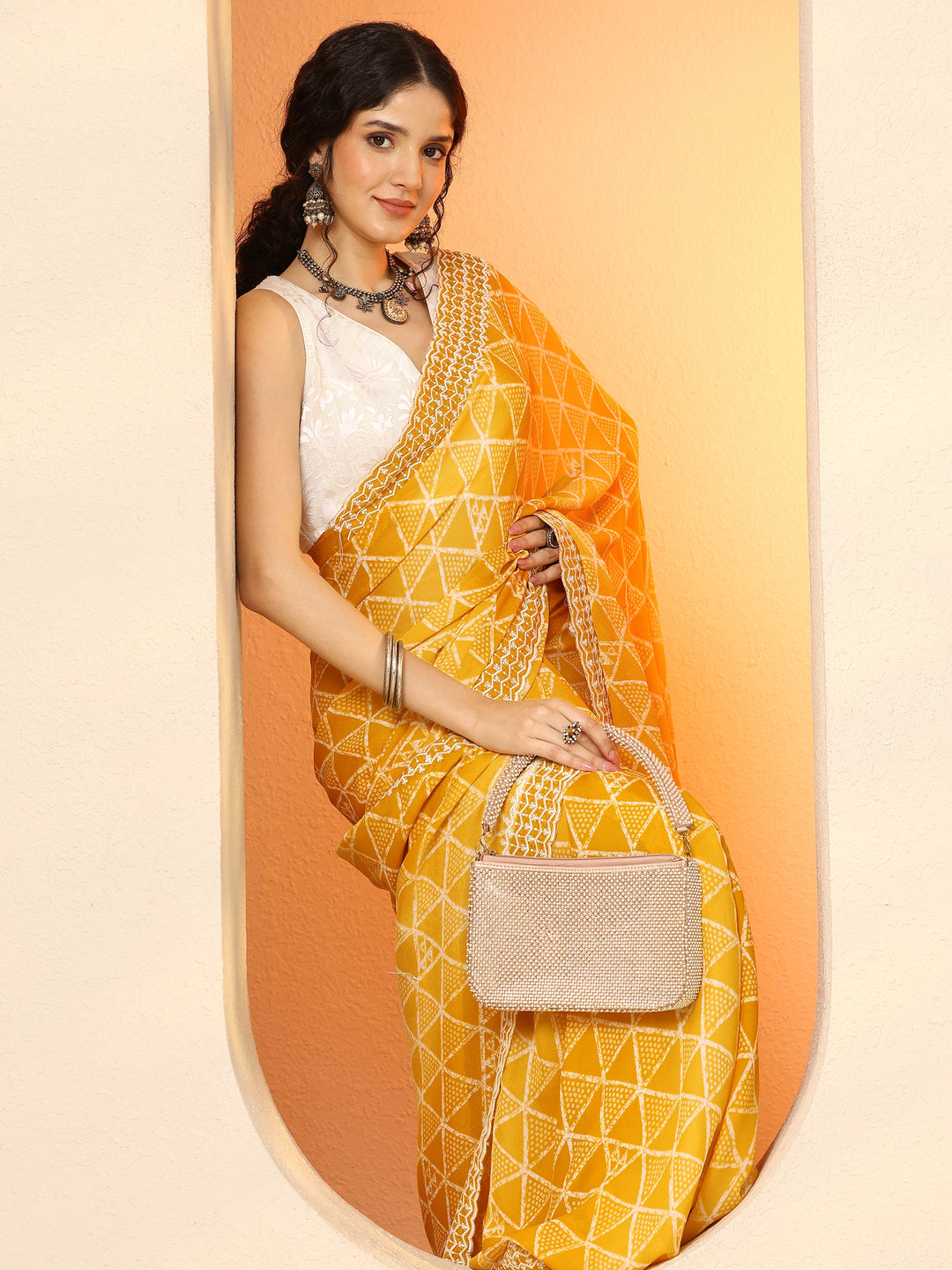 Mustard Bandhani Printed Georgette Saree With Unstitched Blouse Piece
