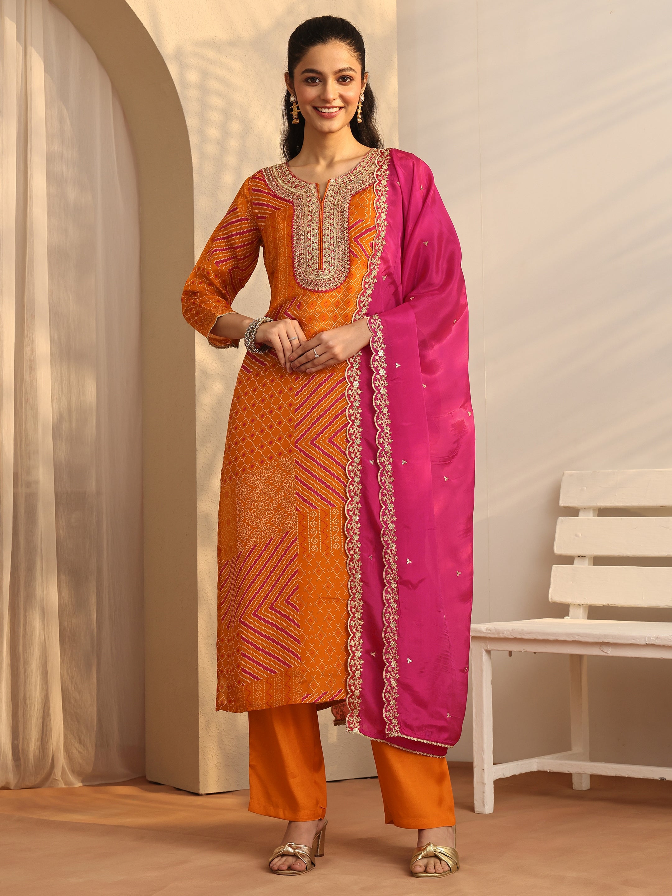libas Mustard Bandhani Printed Organza Suit Set With Dupatta-picture-37