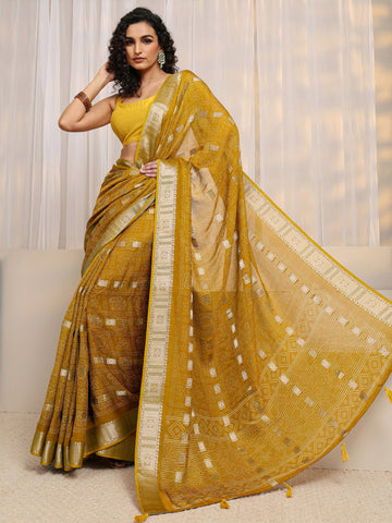 Mustard Bandhani Printed Silk Blend Saree 
With Unstitched Blouse Piece