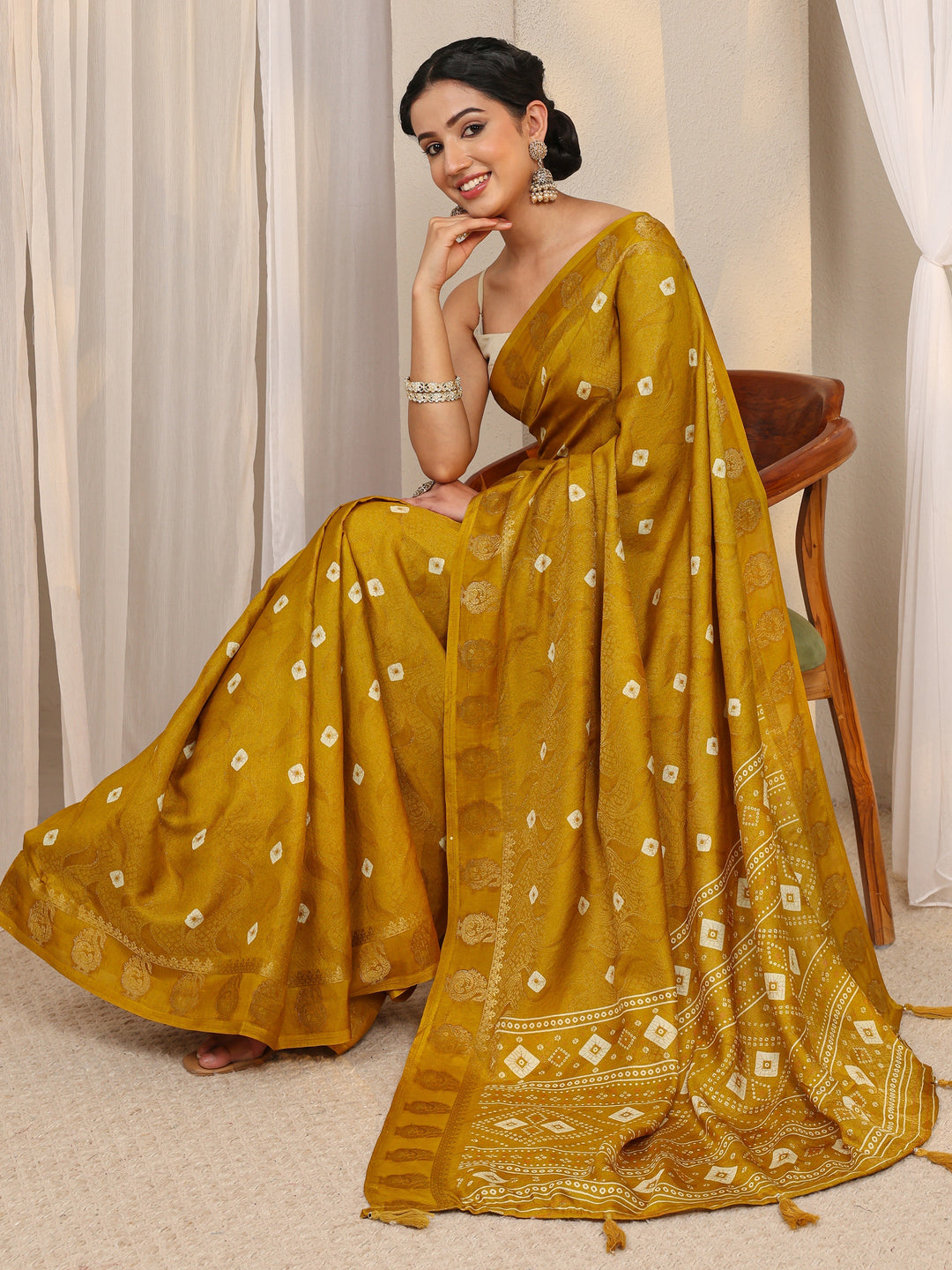  Mustard Bandhani Printed Silk Blend Saree With Unstitched Blouse Piece 