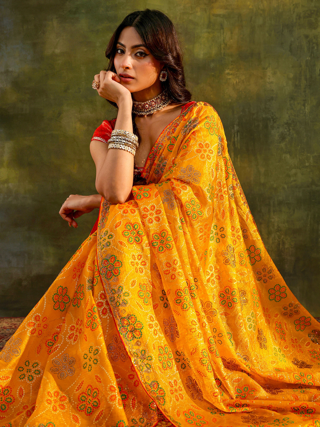  Mustard Bandhani Printed Silk Blend Saree With Unstitched Blouse Piece 