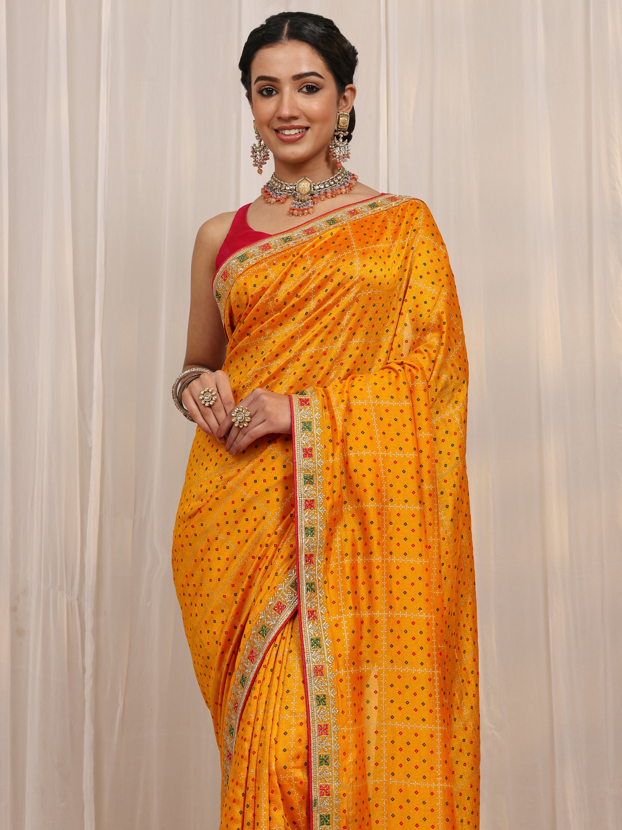 libas Mustard Bandhani Printed Silk Blend Saree With Unstitched Blouse Piece-picture-68
