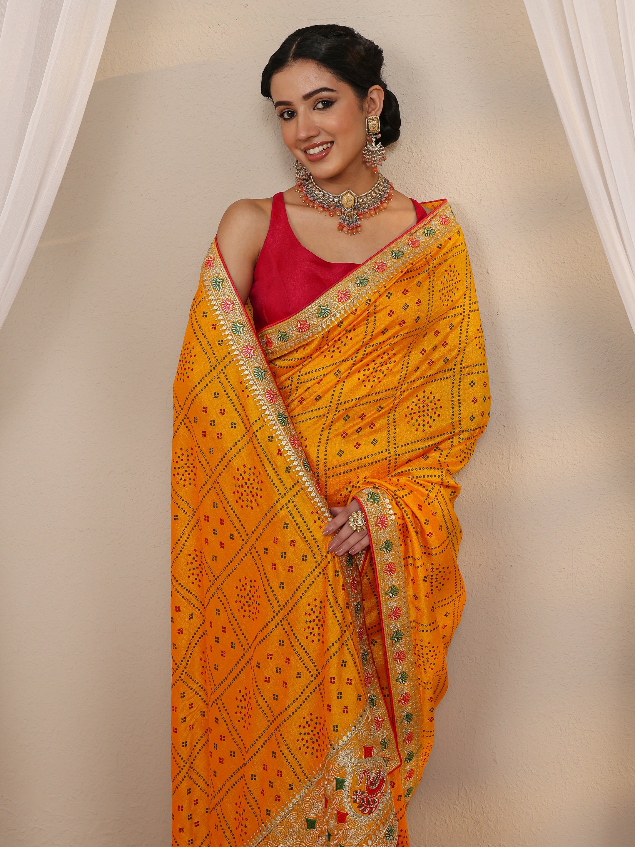 libas Mustard Bandhani Printed Silk Blend Saree With Unstitched Blouse Piece-picture-24