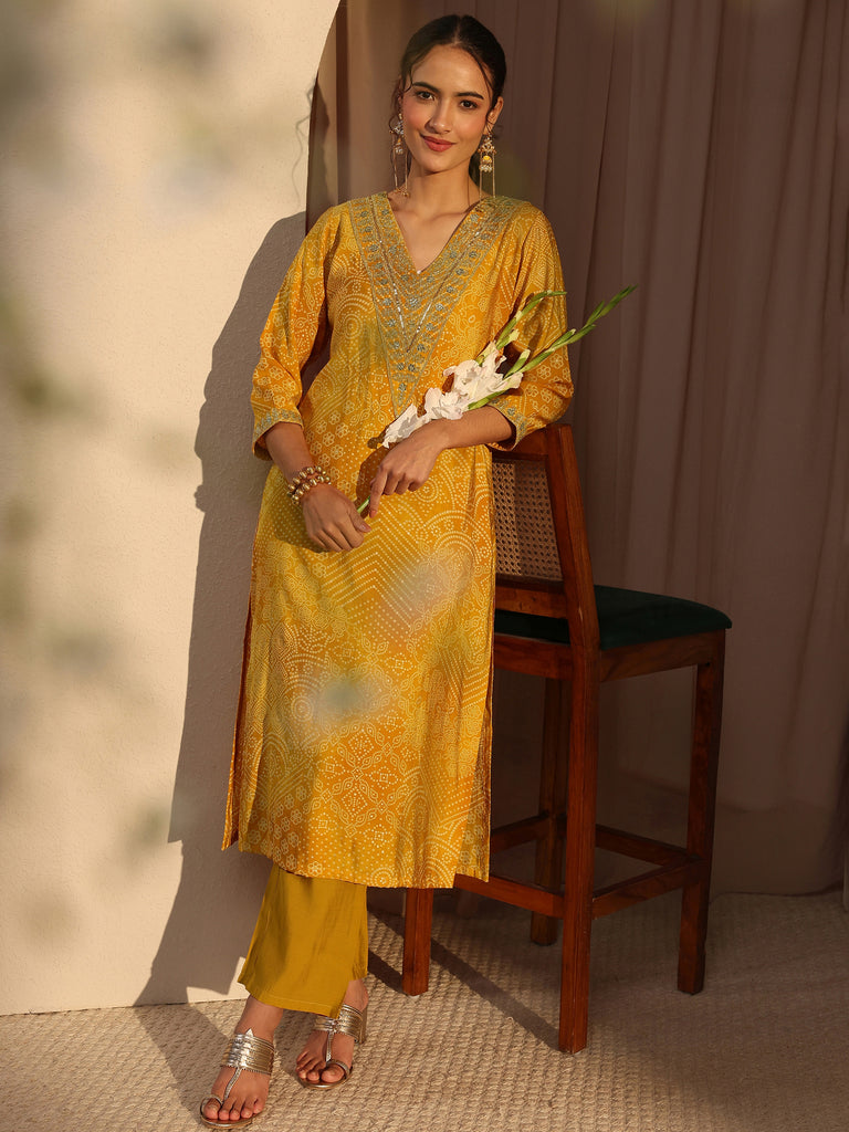 Libas Mustard Bandhani Printed Silk Blend Straight Kurta