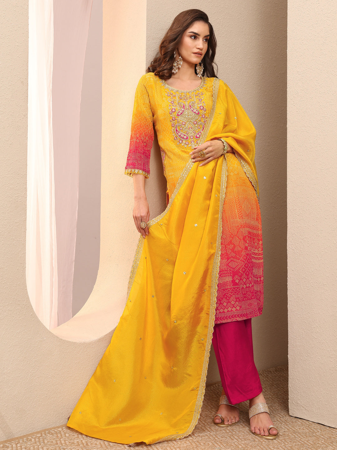 Mustard Bandhani Printed Silk Blend Suit Set With Dupatta