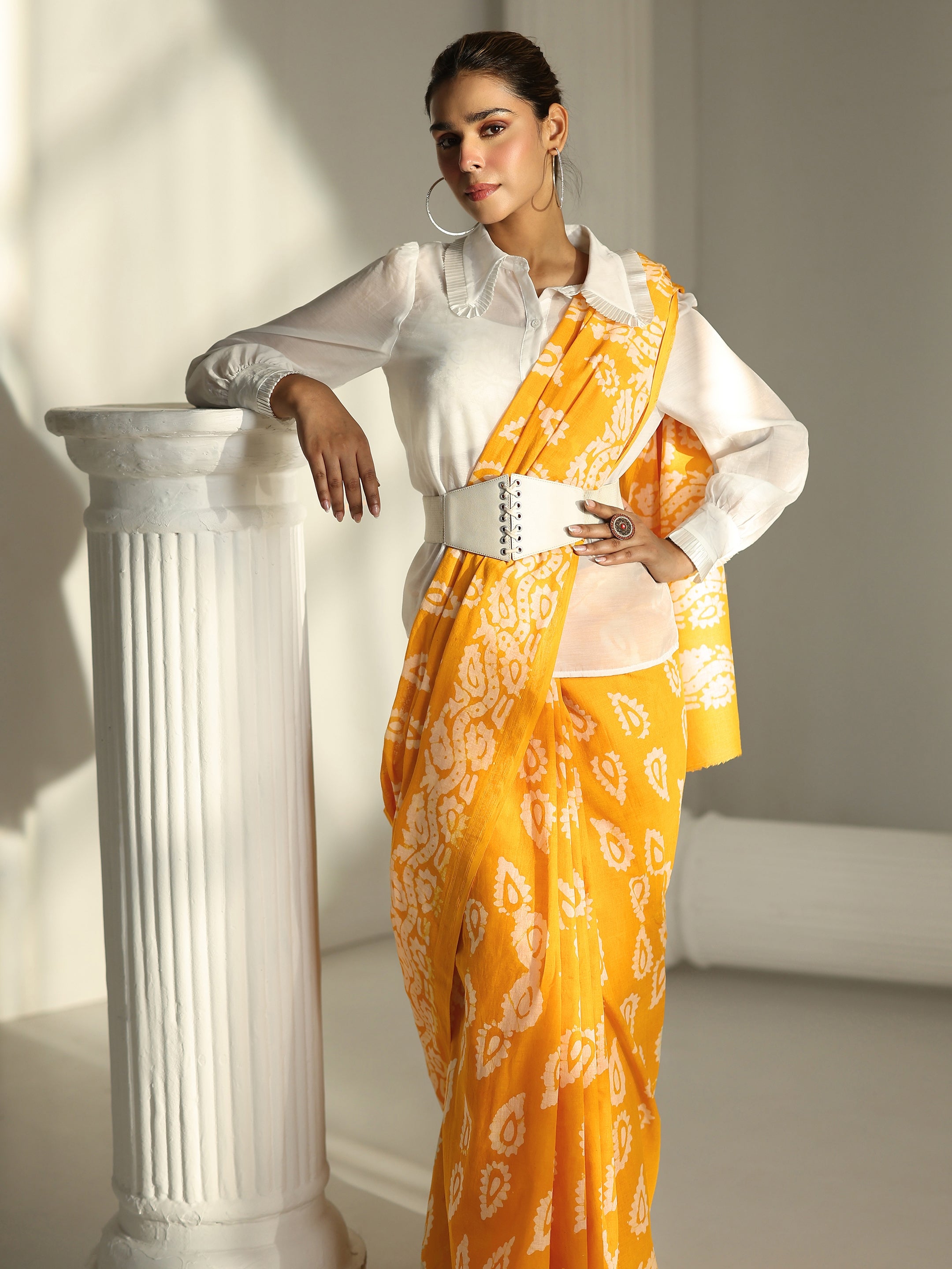 libas Mustard Block Print Cotton Saree-picture-21