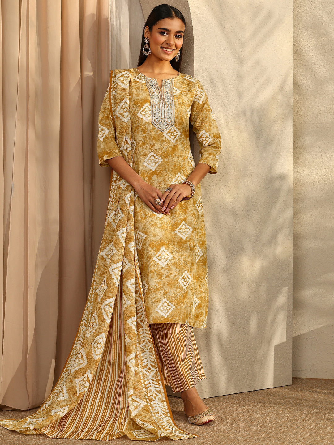 Mustard Block Printed Cotton Blend Straight Suit Set With Dupatta