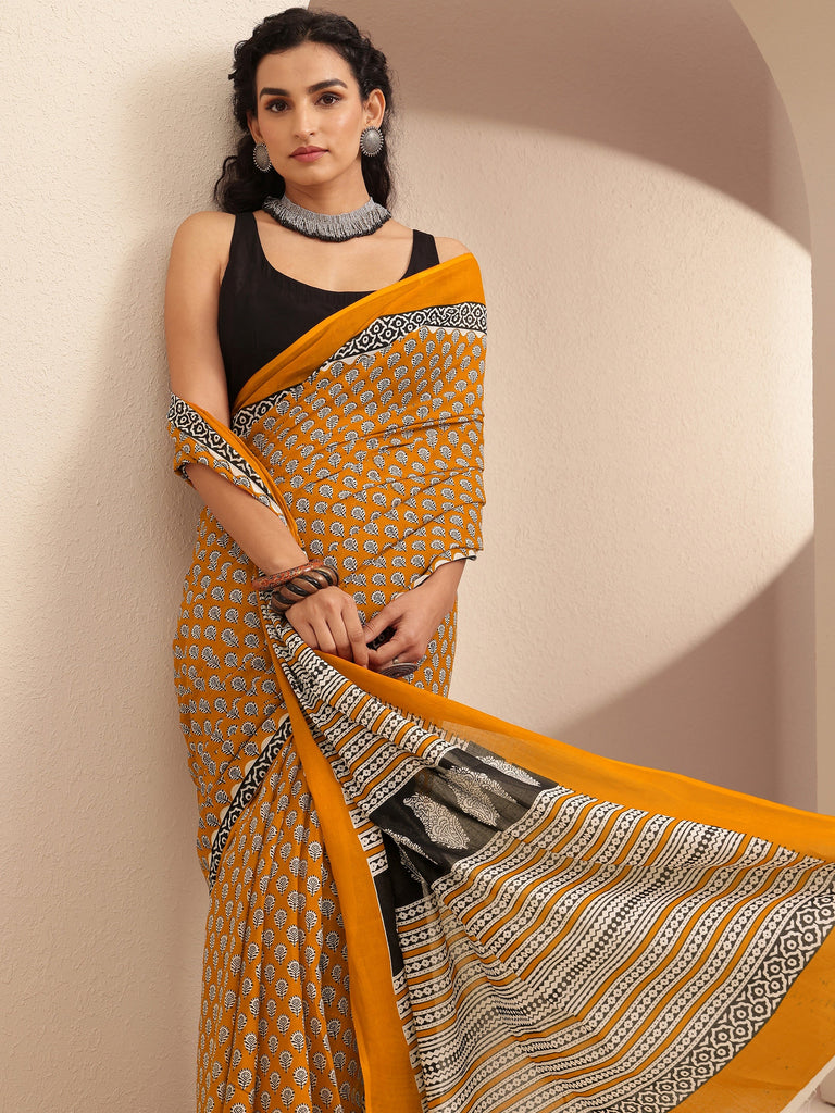 Libas Mustard Block Printed Cotton Saree With Unstitched Blouse Piece